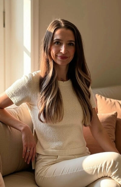 Meet the Founder Tarryn DeNolf smiling while sitting comfortably on a neutral-toned sofa in a sunlit room