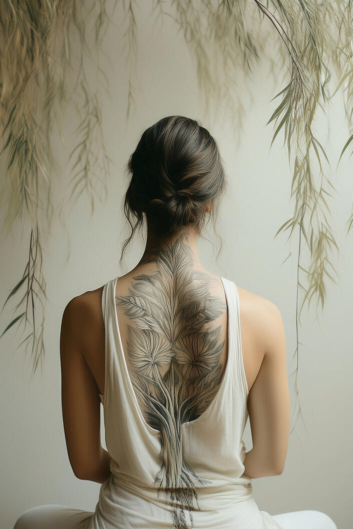 Embody Your True Flow View from behind of a woman sitting beneath soft willow branches, showcasing an intricate, organic tree-inspired back tattoo that represents inner scaffolding.