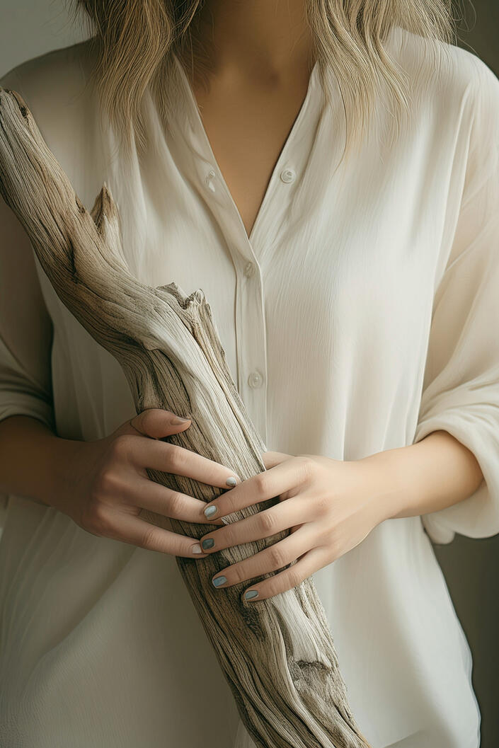 Tactile Anchors Close-up of a woman's hands gently resting on a piece of smooth, weathered driftwood, showcasing tactile sensory anchors for mindfulness.